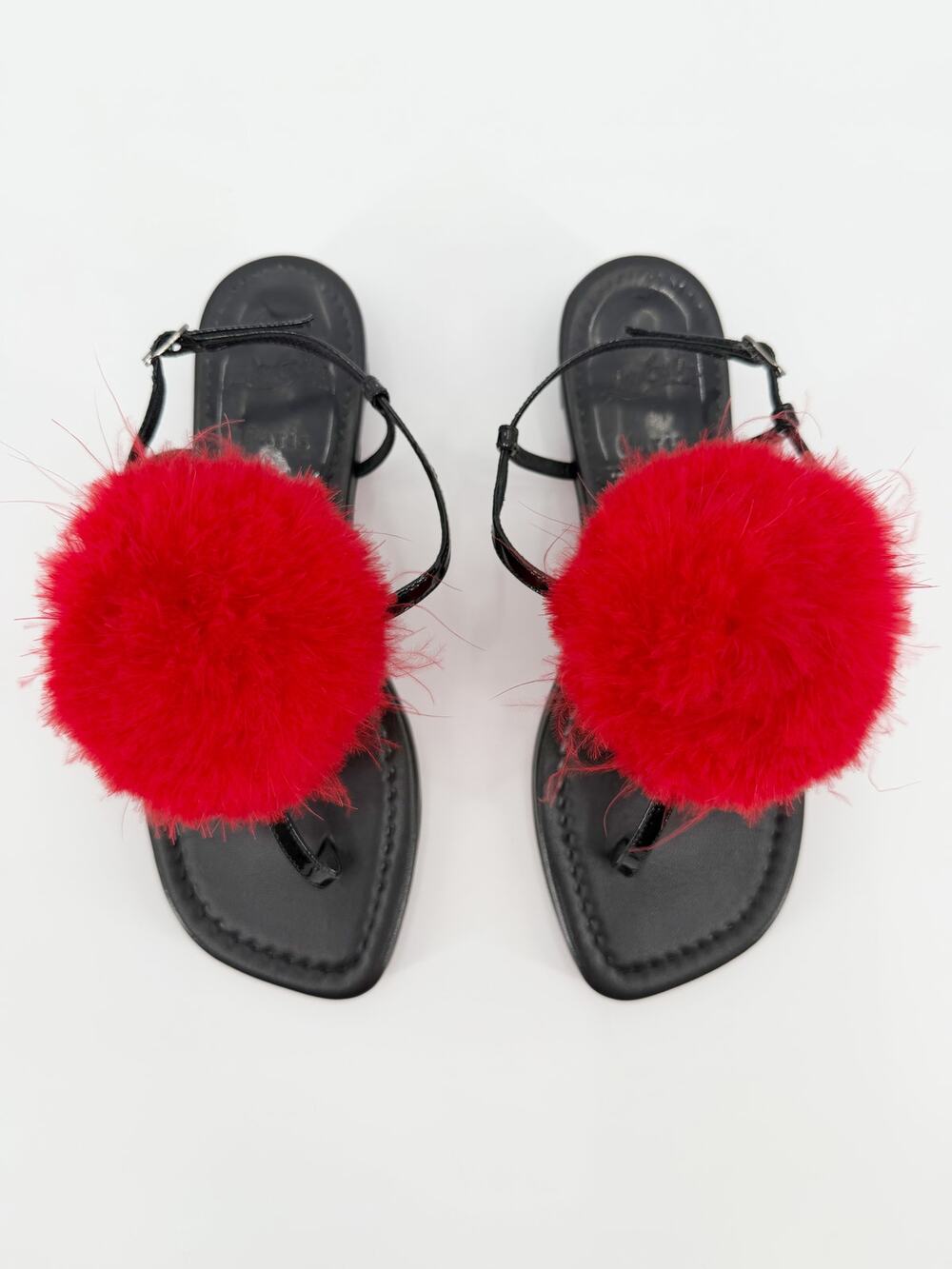 Christian Louboutin Konstantina Pompom Flat Sandals Black Patent Red Box 36